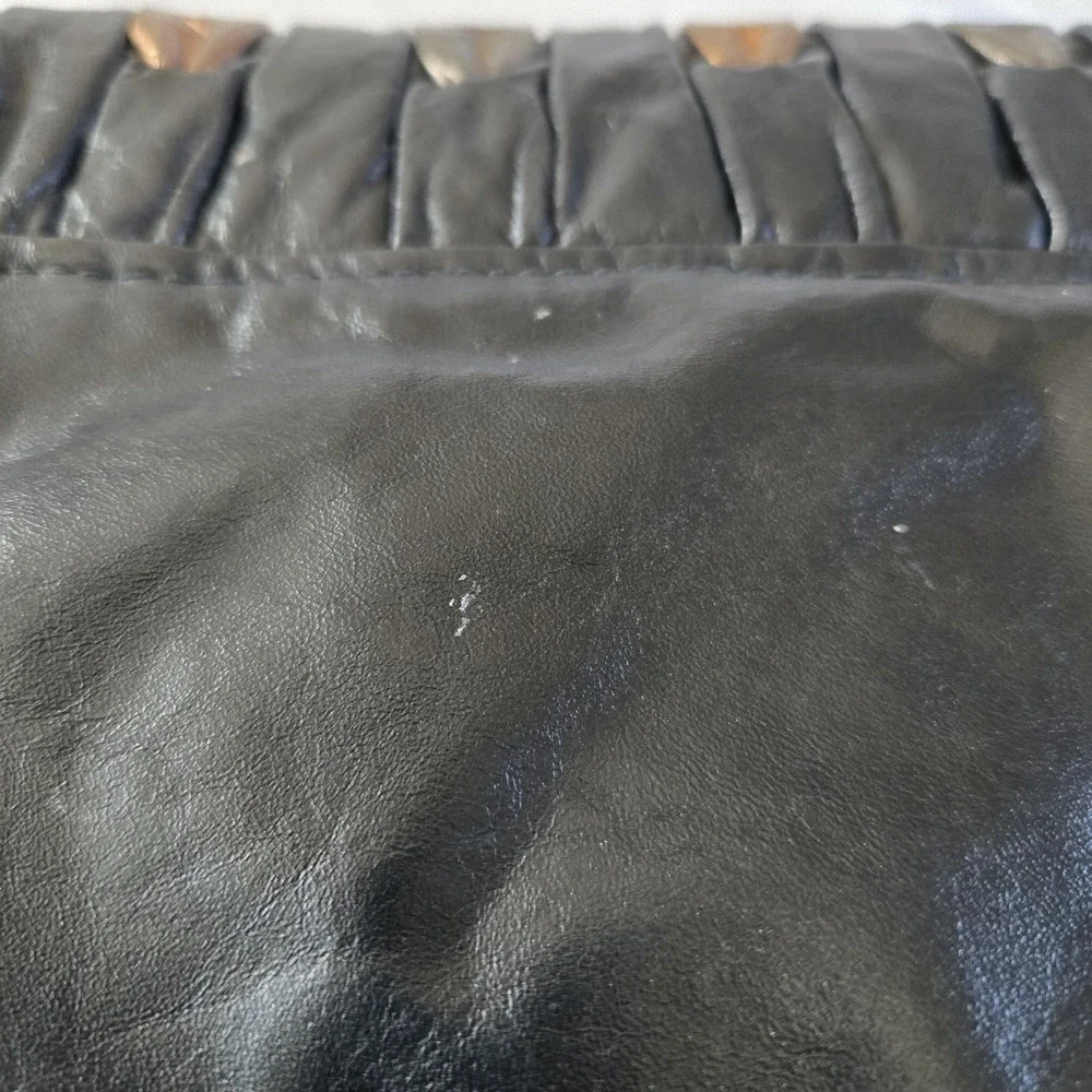 Vintage 60s Black Leather Flap Clutch Purse Large Envelope Mixed Metallic Detail